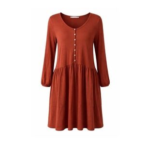 Peruvian Connection Rust Brown Pima Cotton Babydoll Dress Medium 3/4 Sleeve